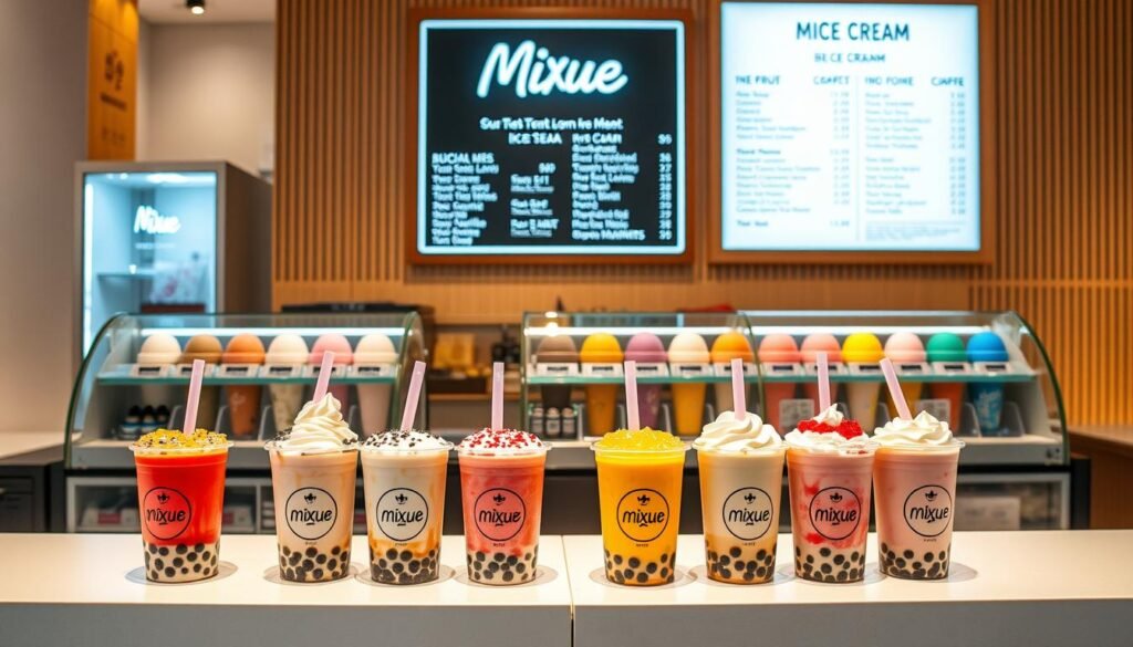 A vibrant, well-lit Mixue Ice Cream bubble tea menu displayed on a sleek, modern counter. In the foreground, an array of colorful bubble tea cups, each featuring a unique flavor and toppings like tapioca pearls, jellies, and whipped cream. Behind them, a pristine glass display showcases a tempting selection of ice cream flavors, from classic vanilla to exotic fruit-based options. The middle ground features a neon-lit menu board highlighting the beverage offerings, presented in a clean typographic style. In the background, a minimalist interior design with warm lighting and a natural wooden accent wall creates a cozy, inviting atmosphere. The overall scene evokes a sense of premium quality, artisanal refreshment in an approachable, contemporary setting.