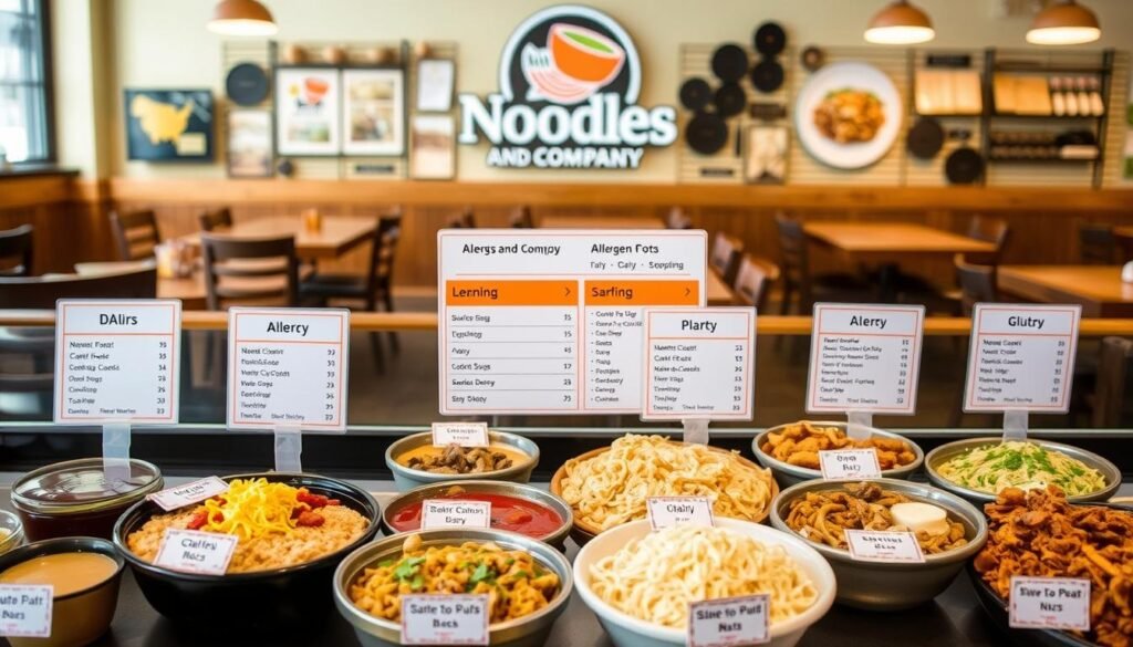 A visually appealing and informative image showcasing the allergen information for the menu items at Noodles and Company. In the foreground, a clean and organized display of various noodle dishes, sauces, and toppings, with clear labels indicating the presence of common allergens such as dairy, gluten, and nuts. The middle ground features a backdrop of a cozy, rustic-inspired Noodles and Company restaurant setting, with wooden tables and chairs, and warm lighting creating a welcoming atmosphere. The background provides context, depicting the Noodles and Company logo and branding elements, suggesting the authoritative and trustworthy nature of the allergen information. The overall composition is balanced, with a focus on clarity and legibility, making the image both visually appealing and informative for the article's readers. A visually appealing and informative image showcasing the allergen information for the menu items at Noodles and Company. In the foreground, a clean and organized display of various noodle dishes, sauces, and toppings, with clear labels indicating the presence of common allergens such as dairy, gluten, and nuts. The middle ground features a backdrop of a cozy, rustic-inspired Noodles and Company restaurant setting, with wooden tables and chairs, and warm lighting creating a welcoming atmosphere. The background provides context, depicting the Noodles and Company logo and branding elements, suggesting the authoritative and trustworthy nature of the allergen information. The overall composition is balanced, with a focus on clarity and legibility, making the image both visually appealing and informative for the article's readers.