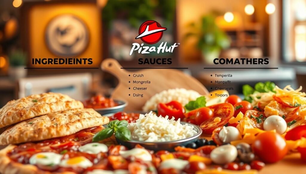 A visually appealing and organized layout of a Pizza Hut ingredient list, highlighting crusts, sauces, cheeses, and toppings. In the foreground, display a vibrant assortment of ingredients: golden, crispy crusts, rich tomato and creamy white sauces, various cheeses including mozzarella and cheddar, and colorful toppings such as pepperoni, bell peppers, and mushrooms, all arranged artfully. The middle ground features a wooden pizza peel and a cutting board, enhancing the culinary atmosphere. The background is softly blurred, showcasing inviting restaurant decor, warm lighting casting a cozy glow. Use a shallow depth of field to focus on the ingredients, conveying a fresh, appetizing mood suitable for food enthusiasts seeking safe dining options.