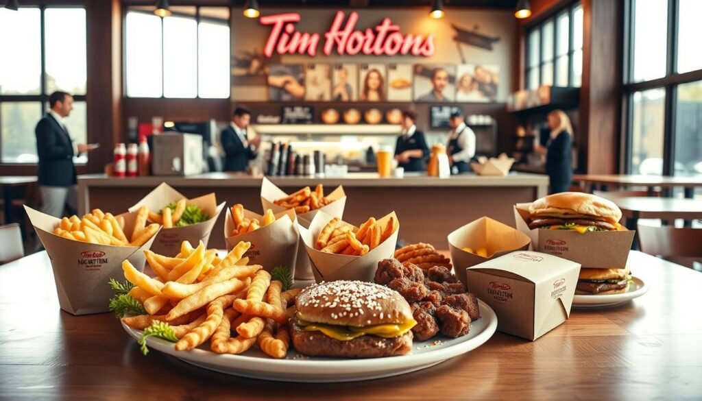 A visually appealing layout of a Tim Hortons lunch menu, showcasing regional variations including items like poutine, BeaverTails, and regional sandwiches. In the foreground, a beautifully arranged table features an enticing Platter of diverse lunch items from different regions, each presented in elegant, rustic packaging. The middle ground captures the Tim Hortons counter with friendly staff in professional attire, serving customers, contributing to a busy, community-focused atmosphere. In the background, large windows let in soft, warm sunlight, creating a cozy and inviting environment. The overall mood is cheerful and vibrant, emphasizing fresh, tasty options. Use a warm color palette and a shallow depth of field to emphasize the delicious food, ensuring no text or branding is present in the image.