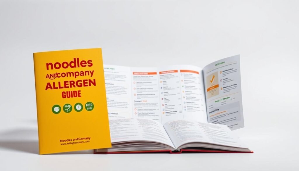 A well-lit, high-resolution image of an open, paperback allergen guide for Noodles and Company. The guide is displayed against a clean, white background, with a soft, diffused light illuminating the pages. The foreground features the guide's cover, prominently displaying the "Noodles and Company Allergen Guide" title, along with various icons and labels indicating vegetarian, vegan, keto, and paleo-friendly menu items. The middle ground showcases several open pages of the guide, showcasing detailed lists and symbols denoting dietary restrictions and allergens for the restaurant's menu items. The background is simple and uncluttered, allowing the guide to be the central focus of the image. A well-lit, high-resolution image of an open, paperback allergen guide for Noodles and Company. The guide is displayed against a clean, white background, with a soft, diffused light illuminating the pages. The foreground features the guide's cover, prominently displaying the "Noodles and Company Allergen Guide" title, along with various icons and labels indicating vegetarian, vegan, keto, and paleo-friendly menu items. The middle ground showcases several open pages of the guide, showcasing detailed lists and symbols denoting dietary restrictions and allergens for the restaurant's menu items. The background is simple and uncluttered, allowing the guide to be the central focus of the image.