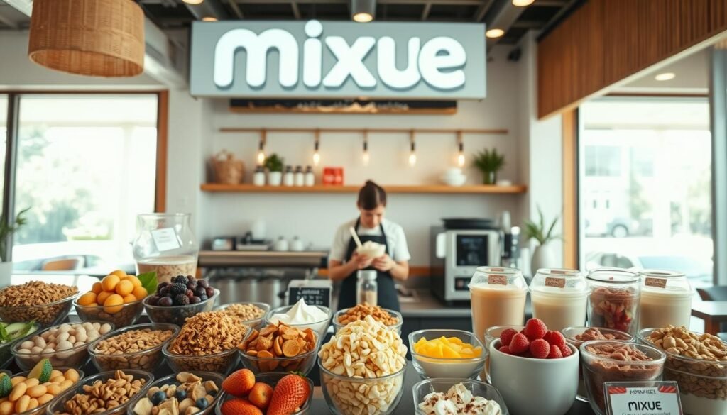 A well-lit, high-resolution image of the Mixue Ice Cream & Tea counter, showcasing a variety of healthier customization options. In the foreground, a clean, inviting display features an array of fresh fruit toppings, nuts, granola, and low-fat dairy options. The middle ground shows a barista meticulously assembling a customized ice cream or tea order, highlighting the care and attention to detail. The background features the warm, modern decor of the Mixue cafe, with natural lighting filtering in through large windows. The overall atmosphere conveys a sense of wellness, quality, and the ability to create a delicious, nutritious treat. A well-lit, high-resolution image of the Mixue Ice Cream & Tea counter, showcasing a variety of healthier customization options. In the foreground, a clean, inviting display features an array of fresh fruit toppings, nuts, granola, and low-fat dairy options. The middle ground shows a barista meticulously assembling a customized ice cream or tea order, highlighting the care and attention to detail. The background features the warm, modern decor of the Mixue cafe, with natural lighting filtering in through large windows. The overall atmosphere conveys a sense of wellness, quality, and the ability to create a delicious, nutritious treat.