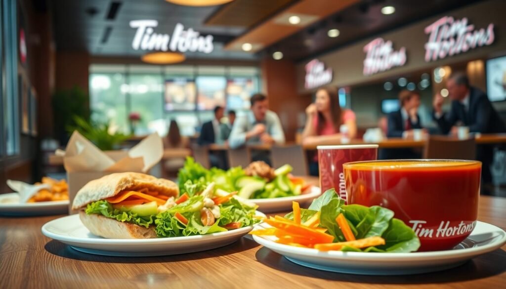 A well-lit restaurant scene featuring a Tim Hortons lunch setup on a wooden table. In the foreground, a colorful spread of fresh lunch options: a delicious sandwich with veggies, a vibrant salad, and a steaming cup of soup, all presented neatly on stylish dinnerware. The middle ground shows a soft-focus view of people enjoying their meals, dressed in professional or smart casual attire, engaged in lively conversation. In the background, the recognizable Tim Hortons branding subtly displayed on the walls and menu boards, with warm, inviting lighting creating a cozy atmosphere. The angle captures the essence of a lively lunch break, emphasizing healthful eating choices, with a bright, cheerful ambiance promoting freshness and taste.