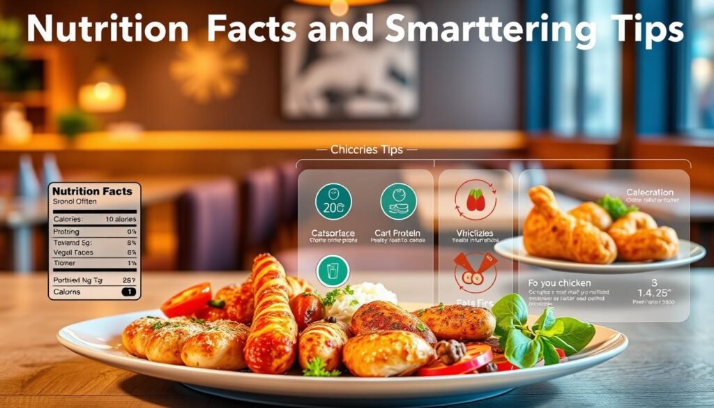 A well-organized and informative illustration of "Nutrition Facts and Smart Ordering Tips" focused on pizza and chicken dishes. In the foreground, a sleek platter displays a variety of pizza and chicken items artistically arranged, showcasing vibrant colors and appealing textures. The middle ground features infographics highlighting key nutritional information, such as calories, protein, and fat content, with icons representing healthy choices like vegetables and portion sizes. In the background, a cozy, modern restaurant setting is hinted at, with soft lighting creating an inviting atmosphere. The scene conveys a motivational and educational mood, encouraging health-conscious dining. The image should be captured with a slightly elevated angle, providing a comprehensive view while ensuring clarity and ease of understanding, all while being Safe For Work.