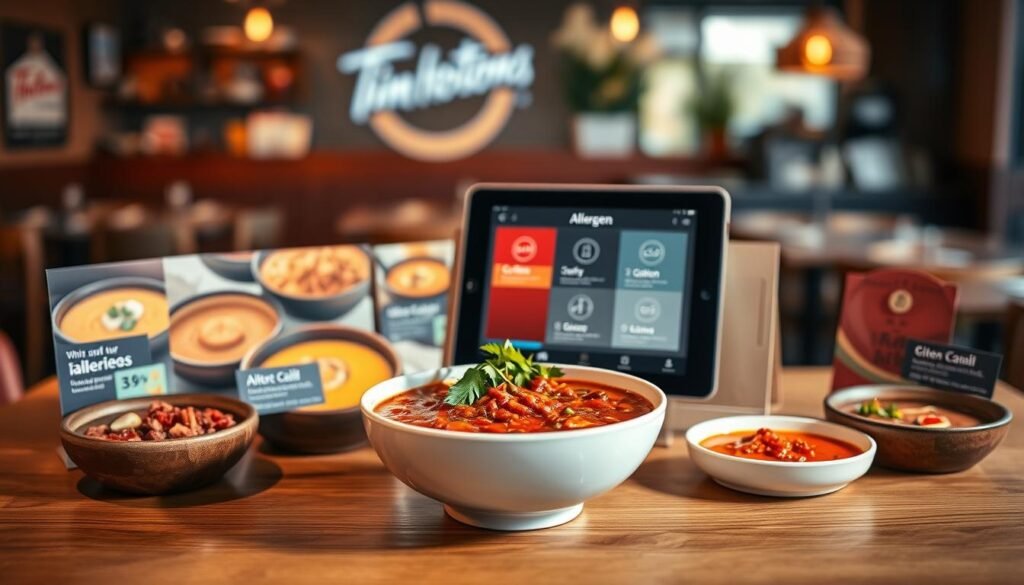 A well-organized display of Tim Hortons' allergen information for soups, chili, and hot foods, set on a clean wooden table. In the foreground, showcase a beautifully arranged bowl of steaming chili, garnished with fresh herbs. Surround the bowl with vibrant visuals of various soup options in rustic bowls, each labeled with elegant, minimalist icons representing different allergens like gluten, dairy, and nuts. The middle ground features a sleek, digital tablet displaying a user-friendly interface with allergen information, all against a blurred background of a cozy Tim Hortons café atmosphere with warm lighting. Captured with a 50mm lens, emphasizing depth of field, the ambiance should evoke a welcoming and informative mood, perfect for food safety awareness.