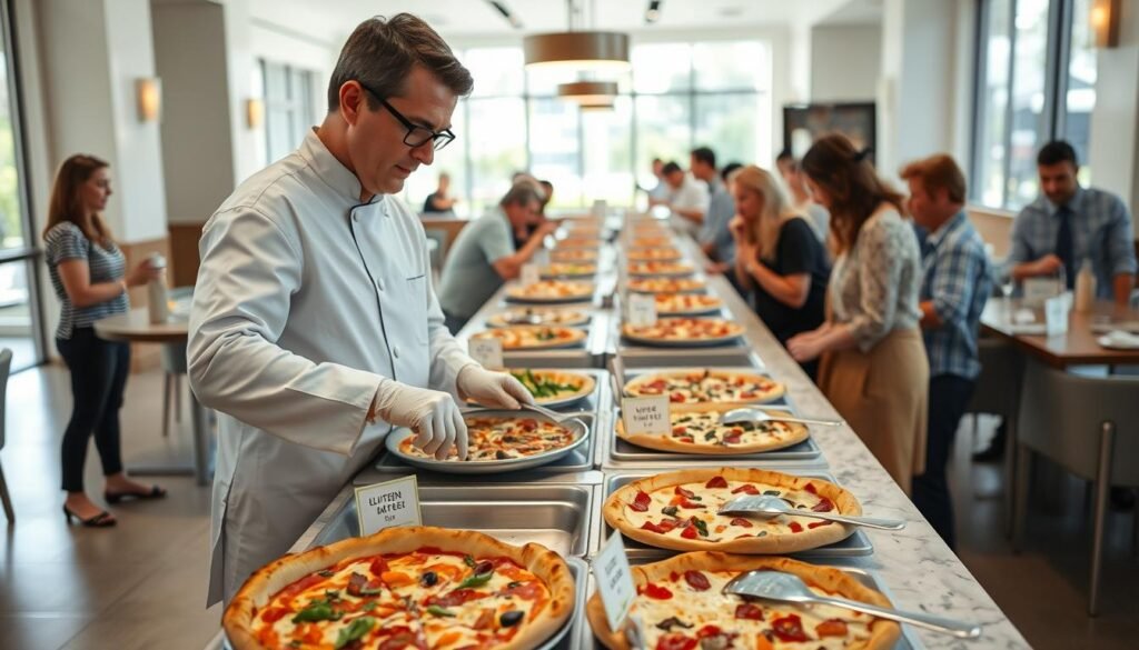 A well-organized pizza buffet setup in a brightly lit restaurant environment, showcasing different pizza varieties on a long table. In the foreground, a professional-looking food safety manager, wearing a clean chef's coat and gloves, carefully placing allergen-free labels next to plates of pizza. In the middle, a clearly divided buffet area with distinct sections for gluten-free, dairy-free, and various toppings, each with individual utensils to prevent cross-contact. In the background, diners engage with the buffet, looking at the food attentively while maintaining a respectful distance. The atmosphere is welcoming and safe, with natural light streaming in, highlighting the delicious pizzas and safety practices. The image exudes a sense of care and professionalism in food handling.