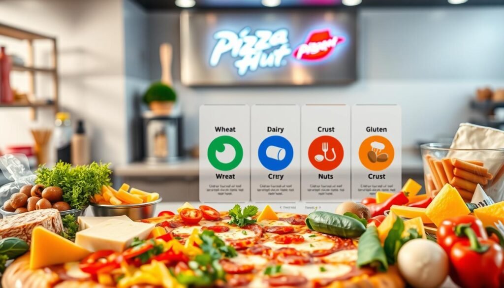A well-organized visual layout depicting allergen information related to Pizza Hut. In the foreground, a neatly arranged table featuring various colorful ingredients commonly used in Pizza Hut offerings, such as cheese, pepperoni, vegetables, and a gluten-free crust. In the middle ground, a large, clear infographic-style display showing allergen symbols like wheat, dairy, and nuts, with vibrant icons to represent each allergen. The background consists of a softly lit kitchen setting, with a Pizza Hut restaurant logo subtly integrated. The lighting should be bright and inviting, creating a professional yet approachable atmosphere. The angle should be a slight overhead shot, giving a comprehensive view of the allergen information layout without any text or logos.
