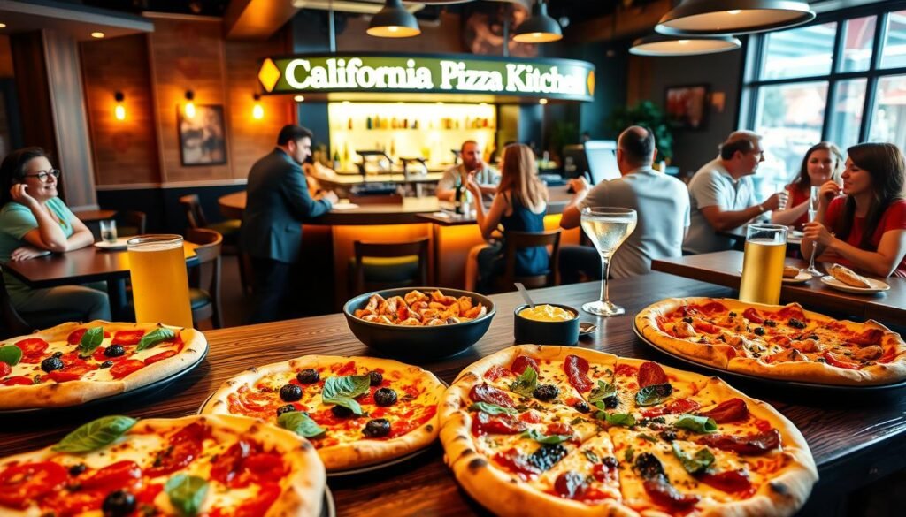 An inviting California Pizza Kitchen setting during happy hour, showcasing a vibrant selection of pizzas and appetizers on a rustic wooden table. The foreground features a variety of colorful pizzas, topped with fresh ingredients like basil, mozzarella, and spicy pepperoni, alongside signature appetizers like crispy calamari and spinach artichoke dip. In the middle, a stylish, bright bar area with friendly staff in smart casual attire serving drinks, with refreshing cocktails and mocktails featured prominently. The background captures warm ambient lighting that creates a cozy, relaxed atmosphere, with patrons enjoying their deals, relaxed conversations, and laughter. The image is shot from a slightly elevated angle to give a comprehensive view, emphasizing the lively happy hour energy.