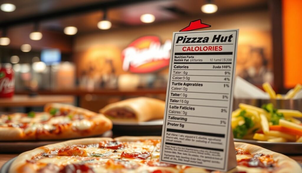 Create an informative and visually engaging image of a Pizza Hut nutrition label, prominently displaying nutrition facts such as calories, fat, carbohydrates, and protein. In the foreground, feature a well-organized nutrition label that is clear and easy to read, emphasizing key information. In the middle ground, include different menu items, like a slice of pizza, calzone, and a side order, artistically arranged to entice viewers. The background should showcase a pizza restaurant setting with warm lighting, giving a cozy and inviting atmosphere. Use a soft-focus lens effect to create depth, ensuring the nutrition label and food items are the central focus. Overall, the mood should be informative yet inviting, perfect for readers seeking to understand nutrition details.