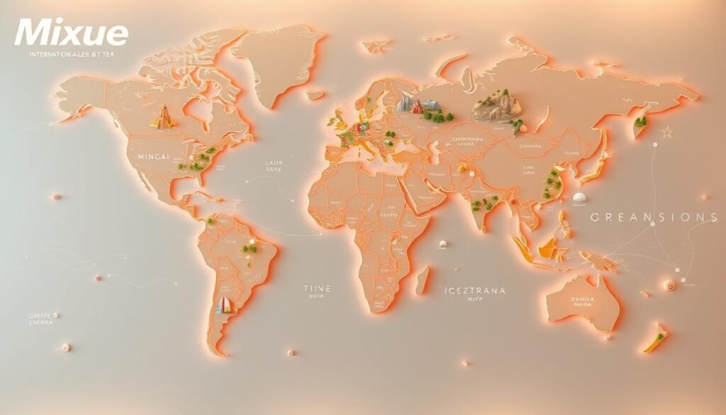 Mixue International Expansion Map, an immersive visualization showcasing the global footprint of Mixue Ice Cream & Tea. Rendered in a vibrant, cartographic style, the map depicts continents and countries connected by dynamic data visualizations. Intricate details like iconic landmarks, winding roads, and bustling cityscapes create a sense of depth and realism. Soft, warm lighting illuminates the scene, casting an inviting glow that evokes the brand's delightful essence. The composition balances informative data points with an artistic aesthetic, captivating the viewer and highlighting Mixue's remarkable worldwide expansion. Mixue International Expansion Map, an immersive visualization showcasing the global footprint of Mixue Ice Cream & Tea. Rendered in a vibrant, cartographic style, the map depicts continents and countries connected by dynamic data visualizations. Intricate details like iconic landmarks, winding roads, and bustling cityscapes create a sense of depth and realism. Soft, warm lighting illuminates the scene, casting an inviting glow that evokes the brand's delightful essence. The composition balances informative data points with an artistic aesthetic, captivating the viewer and highlighting Mixue's remarkable worldwide expansion.